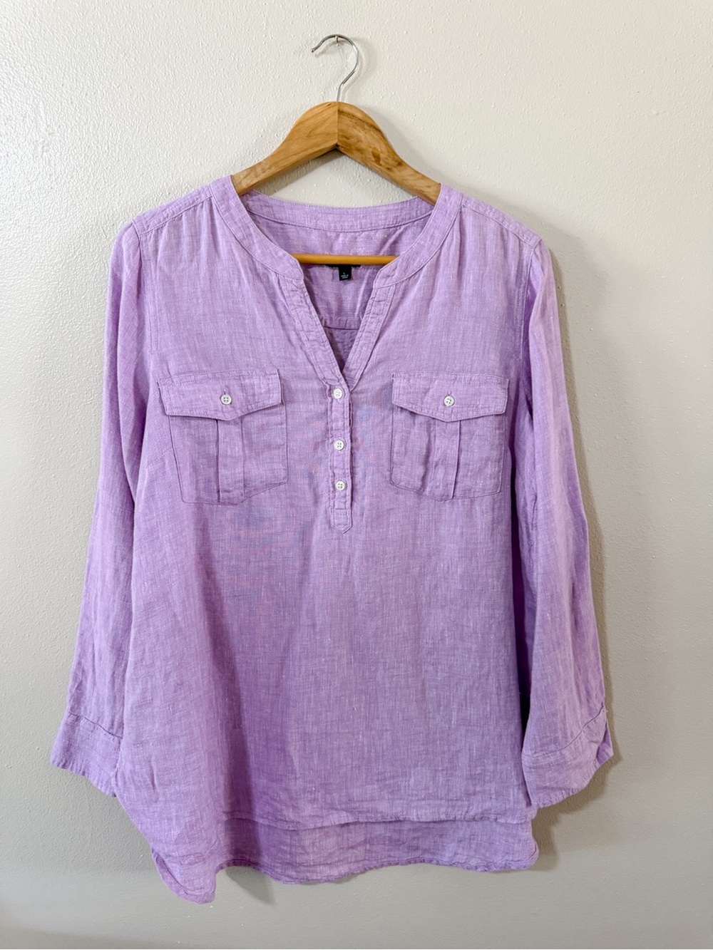 Talbots 100% Linen Lilac Purple Popover Long Sleeve‎ Top, large